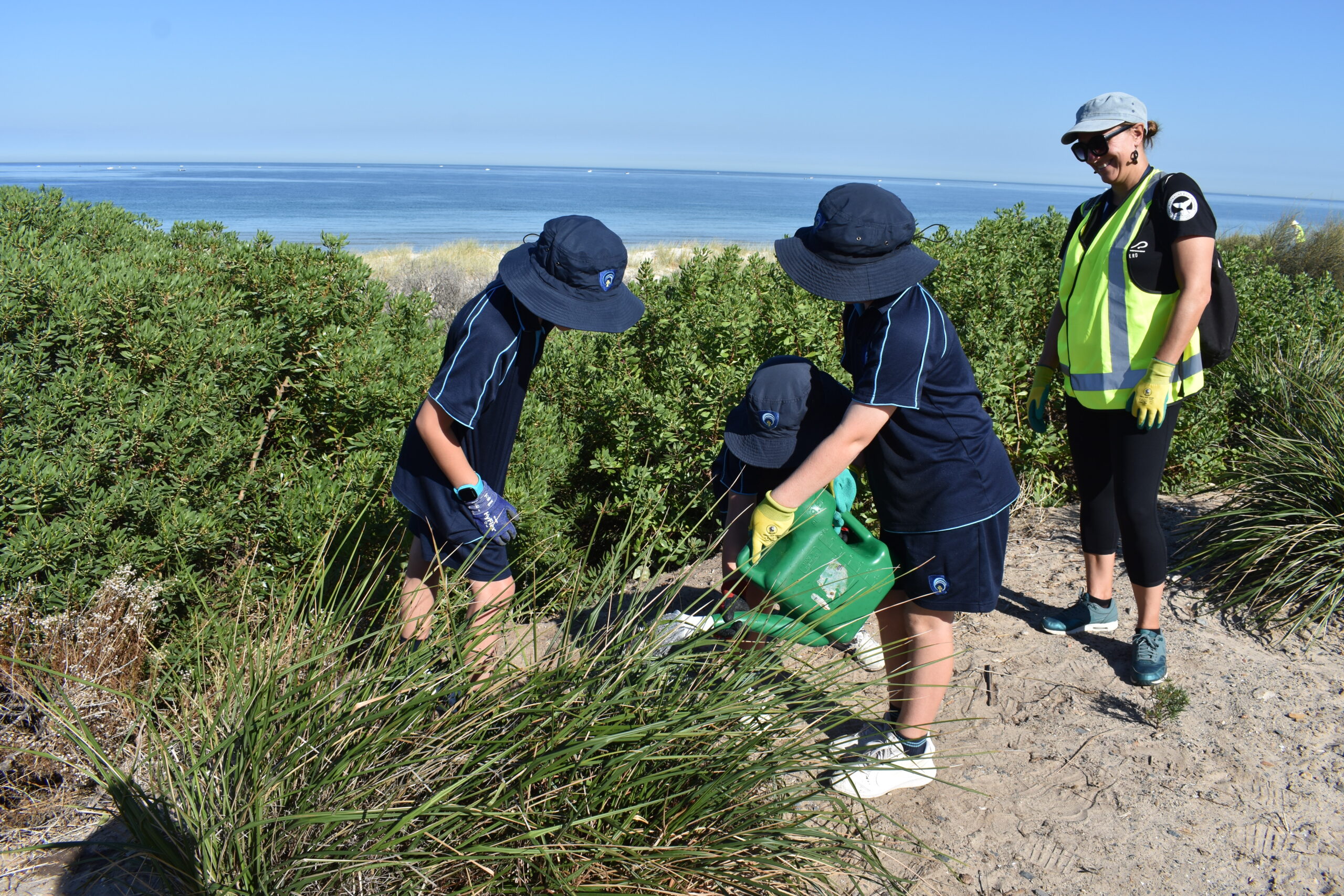 Two students wearing hats and watering plants on the sand dunes near the ocean.